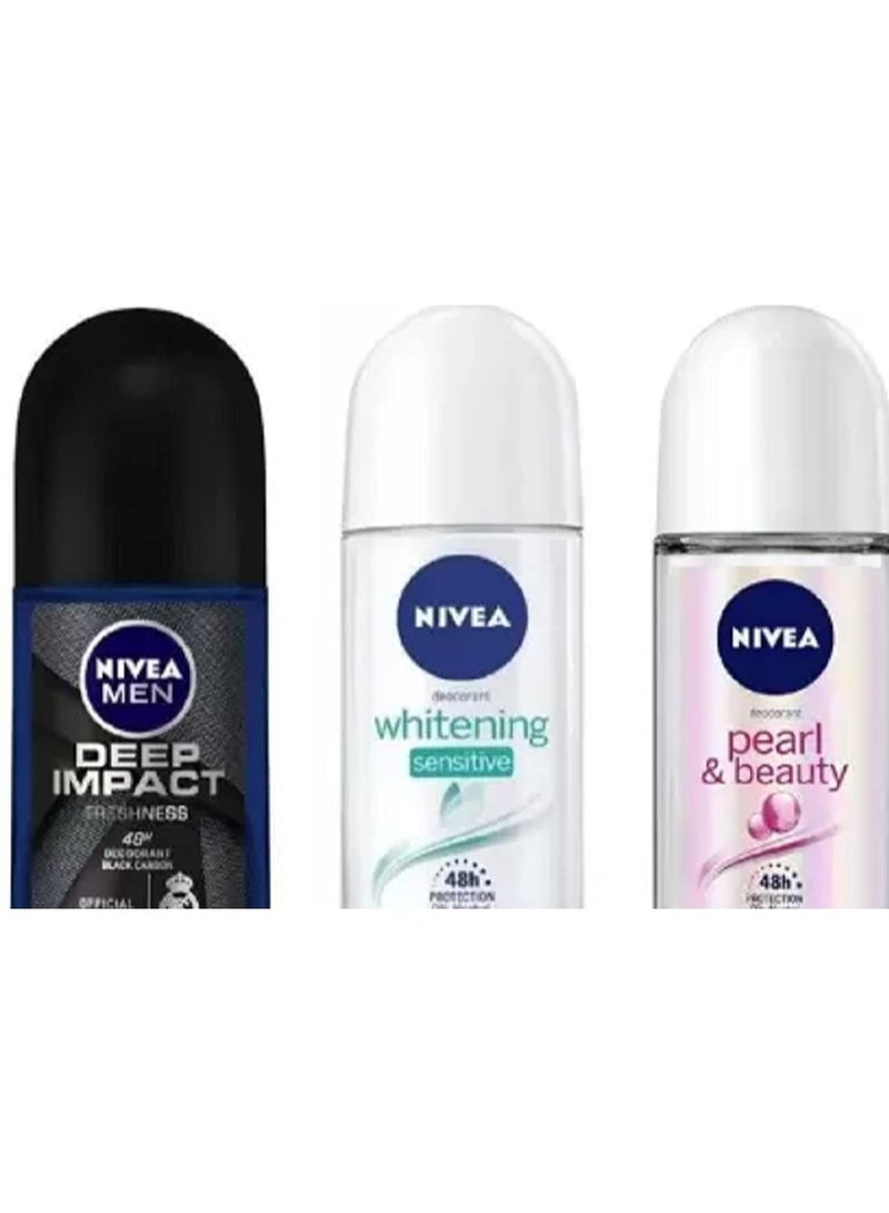 NIVEA Deodorant Roll-On Combo, Whitening sensitive, Pearl & Beauty, Deep Impact, 50 Ml Each Deodorant Roll-on - For Men & Women (150 ml, Pack of 3) - Image 1